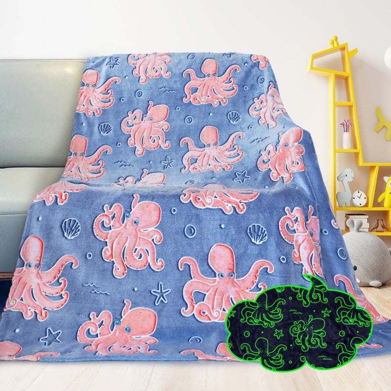 GEULAY Octopus Blanket Glow in The Dark Ocean Blanket Soft Pink Octopus Gifts Toys Decor Blue Fleece Kids Throw for Boys Girls Teens Birthday - Image 5
